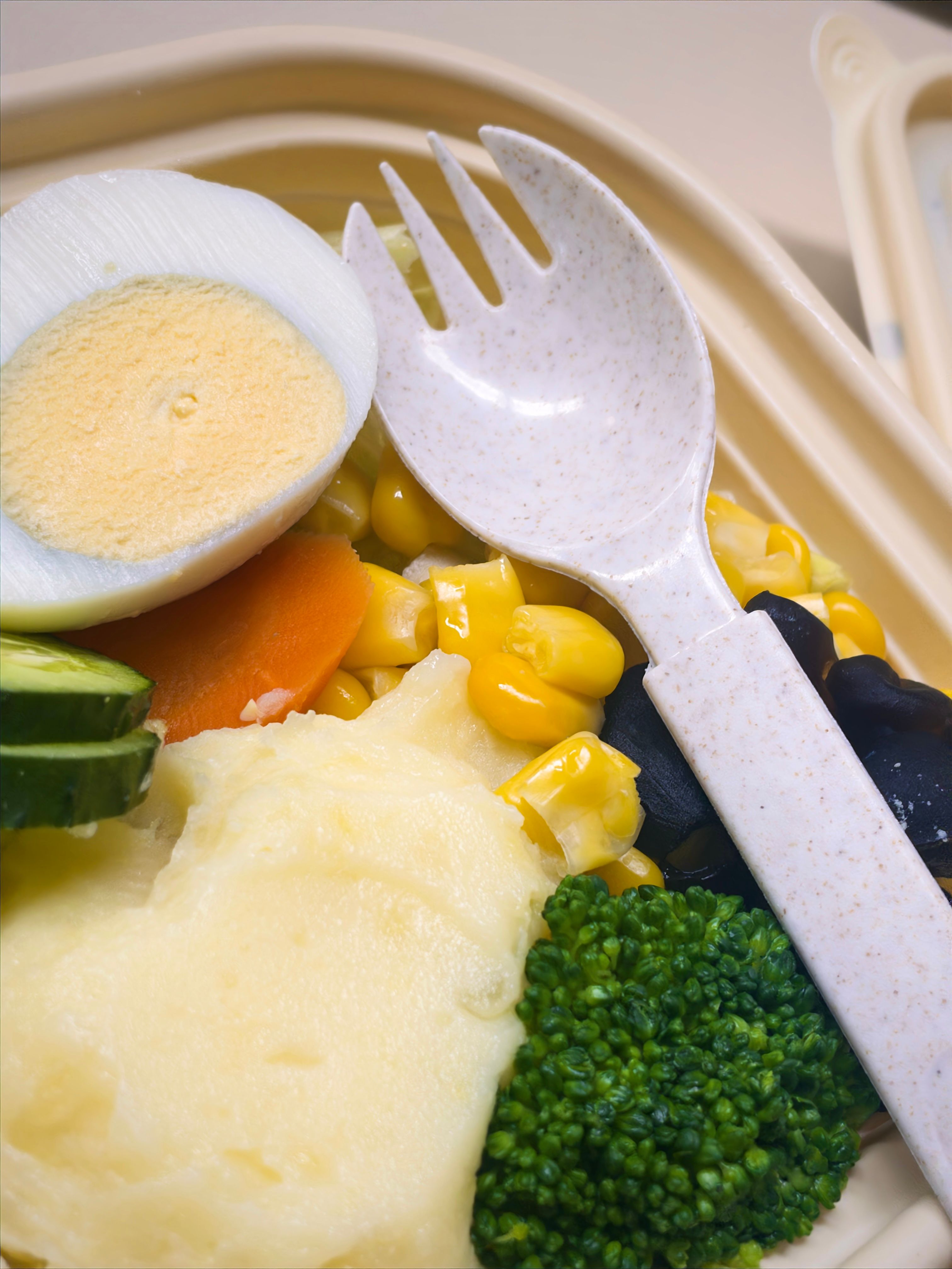 Close-up of a vibrant lunch featuring egg, mashed potato, and various vegetables.