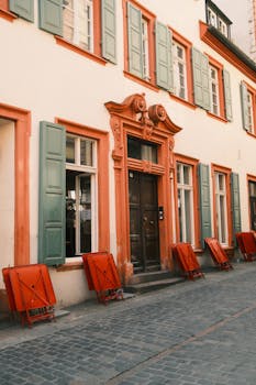 Captivating street view of historic architecture in Heidelberg, Germany, featuring vibrant red accents.