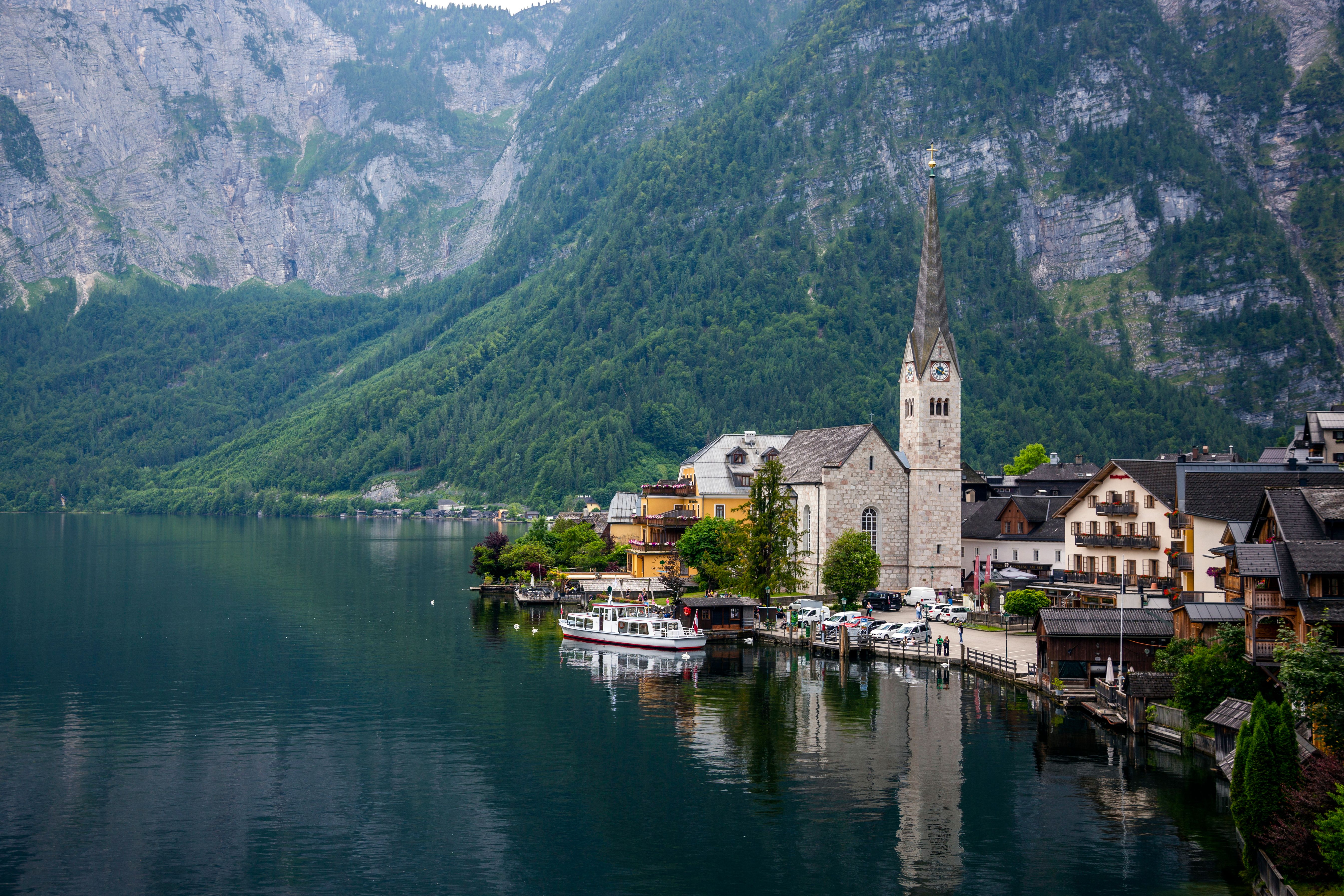Iconic Hallstatt Lutheran Church overlooking Hallstätter See