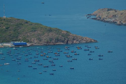 Free Aerial view of numerous colorful boats anchored in a serene bay with lush hills and a vibrant coast. Stock Photo