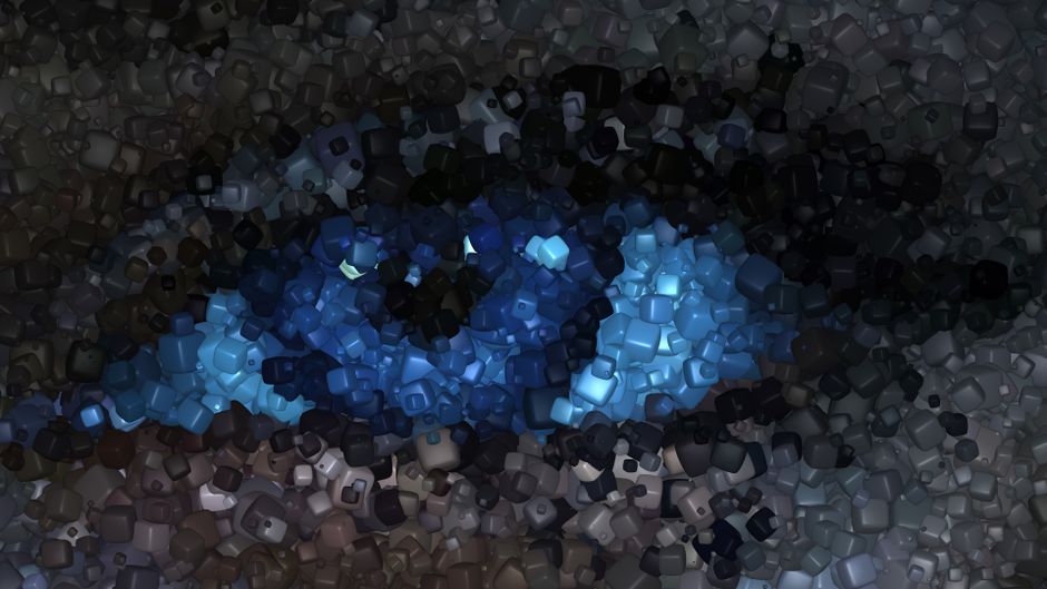 Dynamic abstract mosaic design featuring a vivid blue eye pattern.