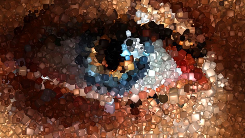A vibrant geometric abstract image resembling a human eye made of colorful cubes and shapes.