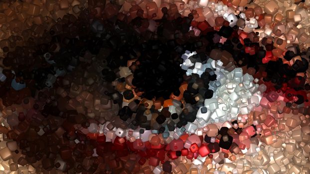 A vibrant abstract mosaic depicting an eye using multicolored cubes, creating a dynamic and textured visual effect.