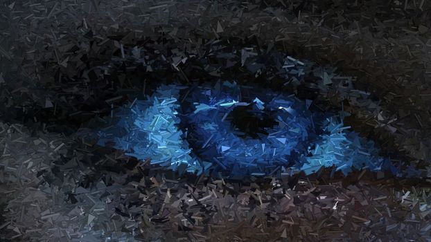 A captivating abstract depiction of a blue eye composed of geometric shapes and textures.