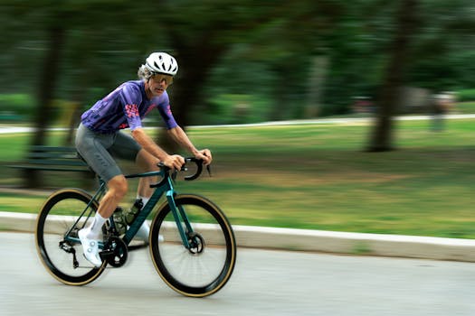 Dynamic shot of a cyclist racing through High Park, Toronto. Motion blur emphasizes speed.