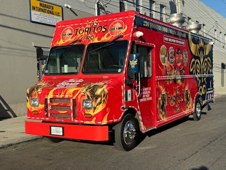 A colorful Mexican food truck parked on a street in New York City, offering diverse and spicy culinary delights.
