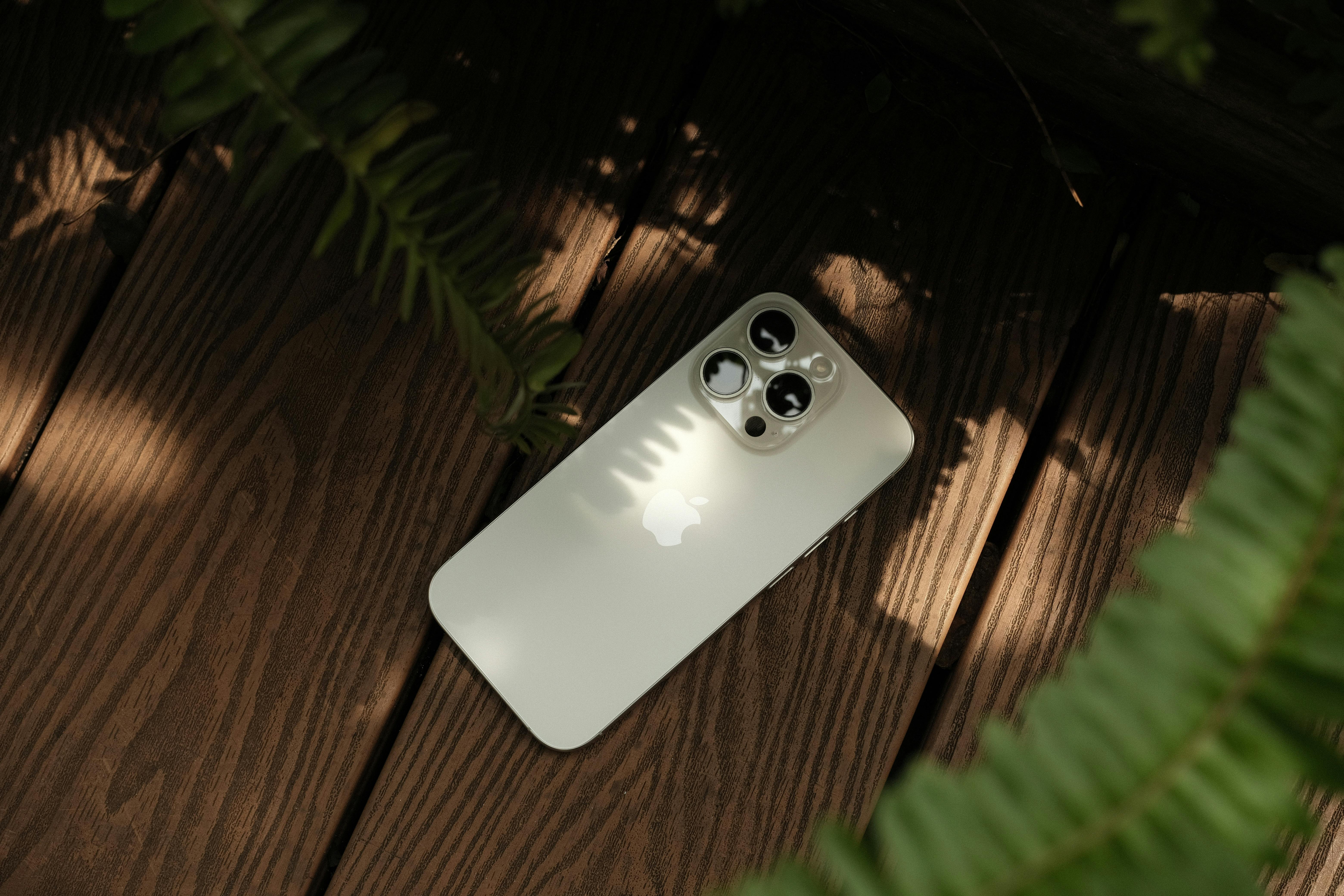 無料 穏やかな日差しを浴びながら、緑豊かなシダに囲まれた木製のデッキに、モダンなスマートフォンが置かれています。 写真素材