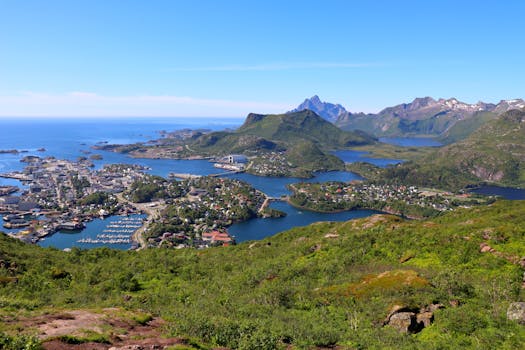 Breathtaking aerial view of the Lofoten Islands with mountains, fjords, and coastline in Norway.