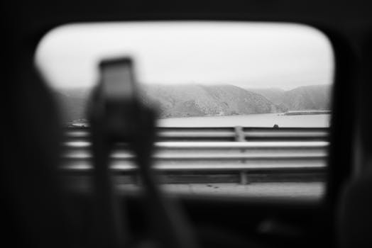 Black and white photo of a scenic landscape viewed from a car window with a phone in hand.
