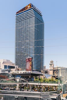 The Cosmopolitan Hotel in Las Vegas, a luxury landmark on the famous Strip, showcasing its modern architecture and vibrant city life.