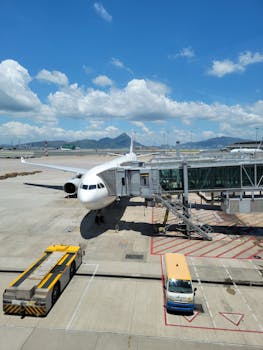 Wide-body passenger aircraft at gate, Hong Kong International Airport