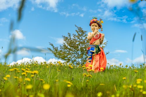 Free A child dressed as Lord Krishna in traditional attire poses in a scenic Swedish field under a clear blue sky. Stock Photo