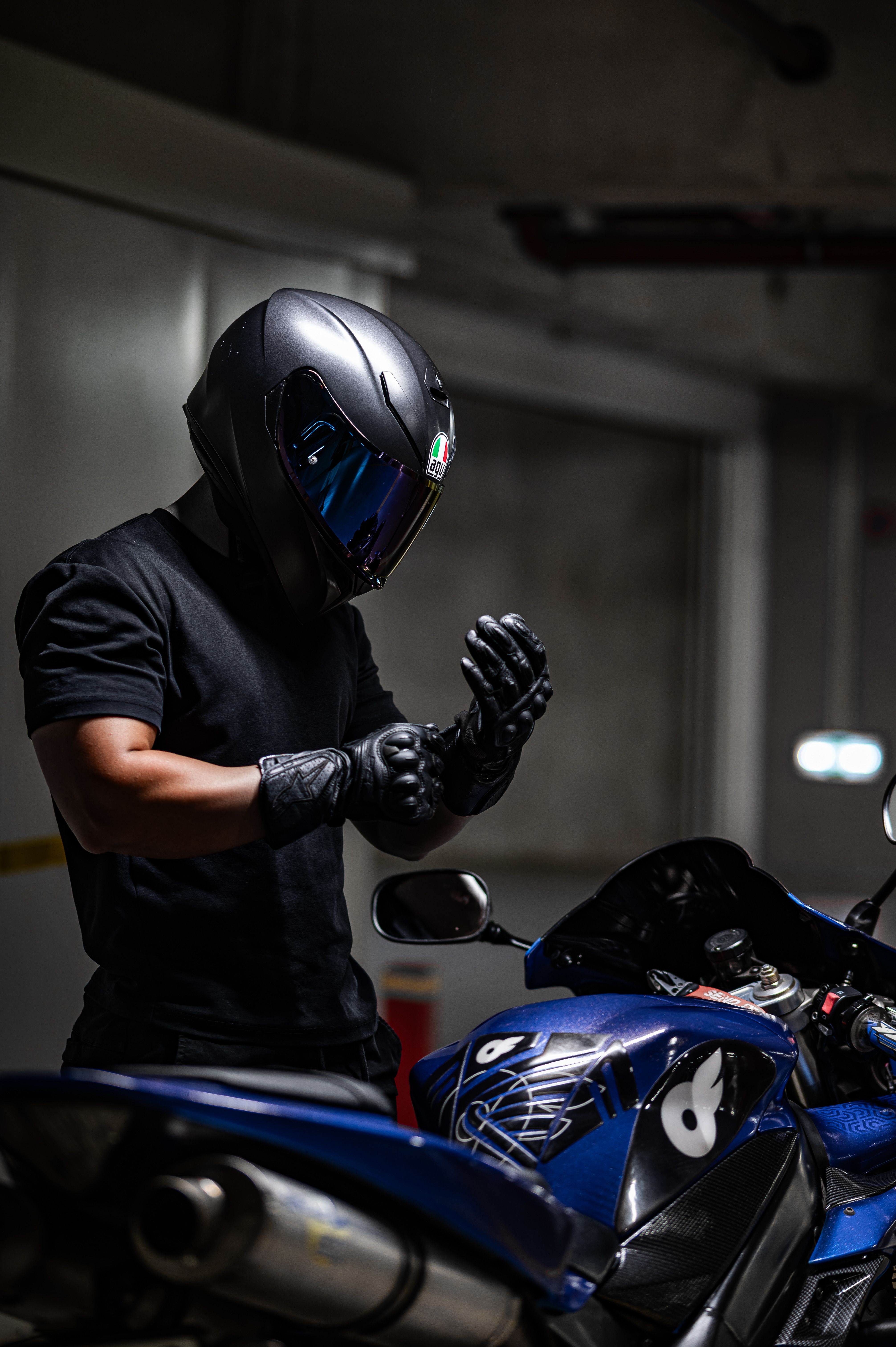 Motorcyclist gearing up safely before a ride