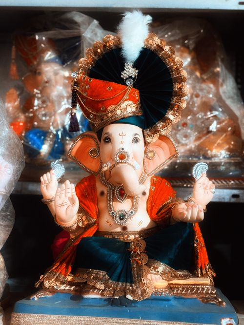 Free Beautifully decorated Ganesh idol in Ahmedabad, highlighting intricate craftsmanship and vibrant colors. Stock Photo