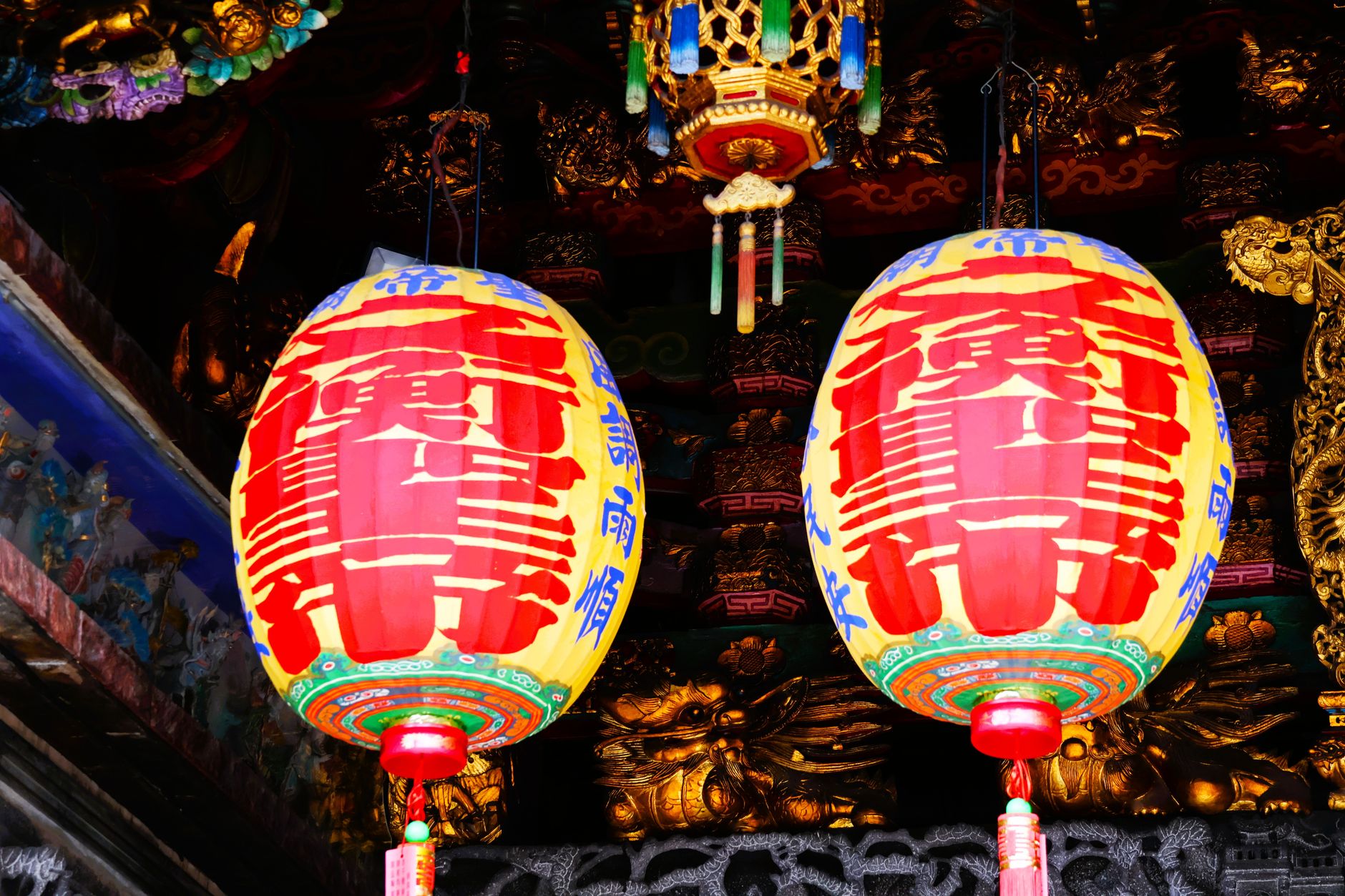 Vibrant lanterns adorn a temple in Pingtung County, Taiwan.