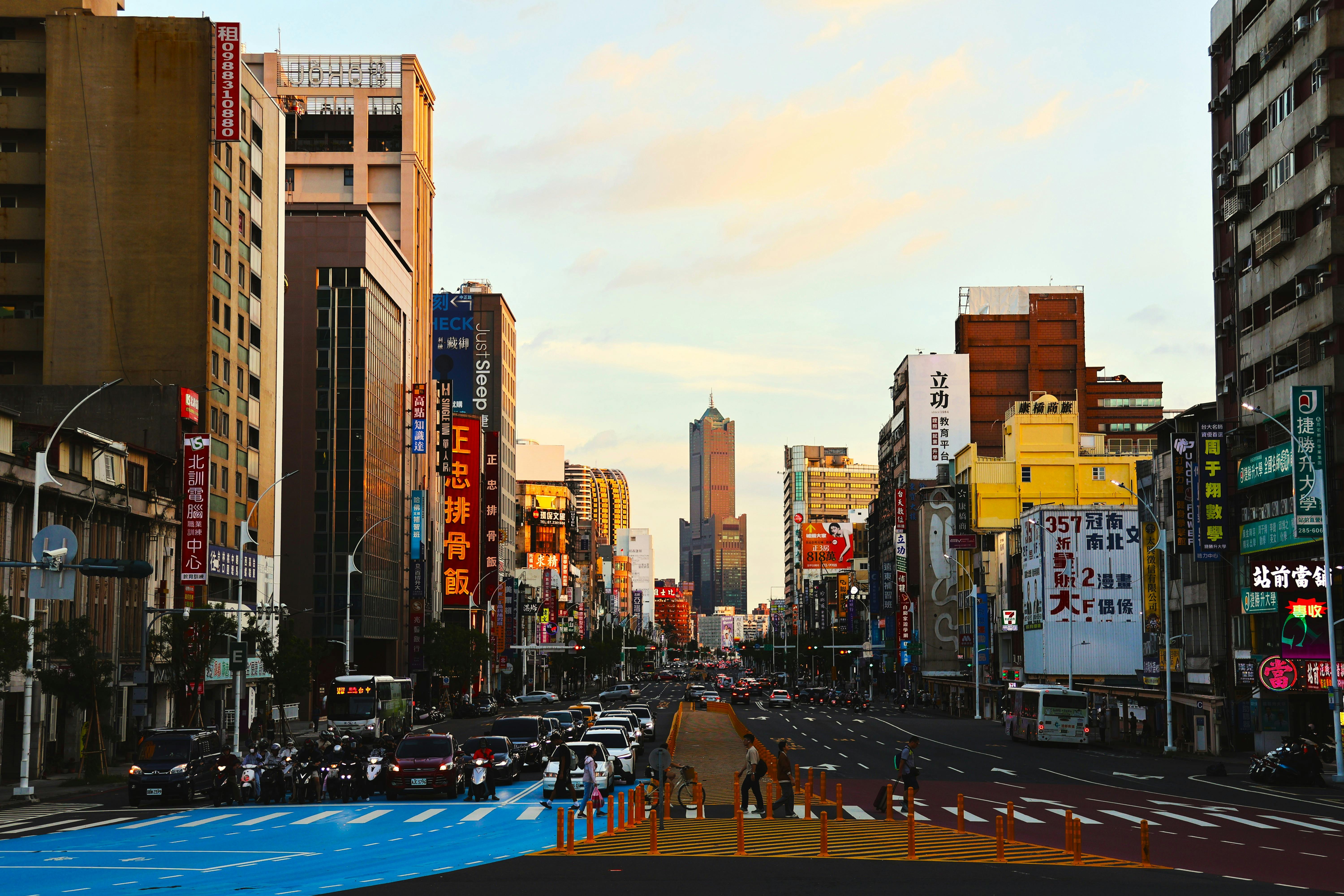Explore the bustling streets of Kaohsiung, Taiwan, captured in stunning evening light.