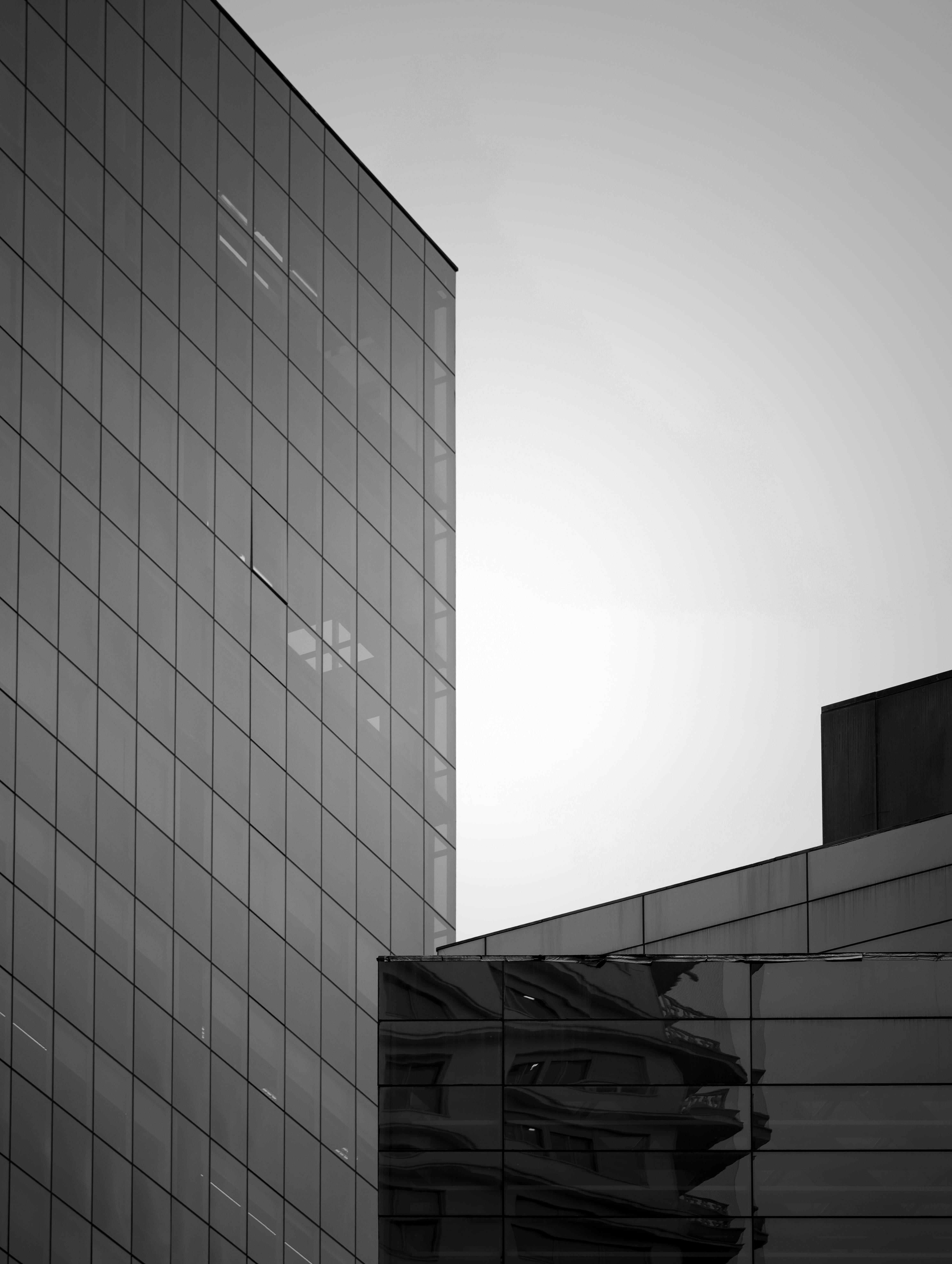 Gratis Foto abstrak hitam putih arsitektur bangunan kaca modern dengan garis-garis geometris. Foto Stok