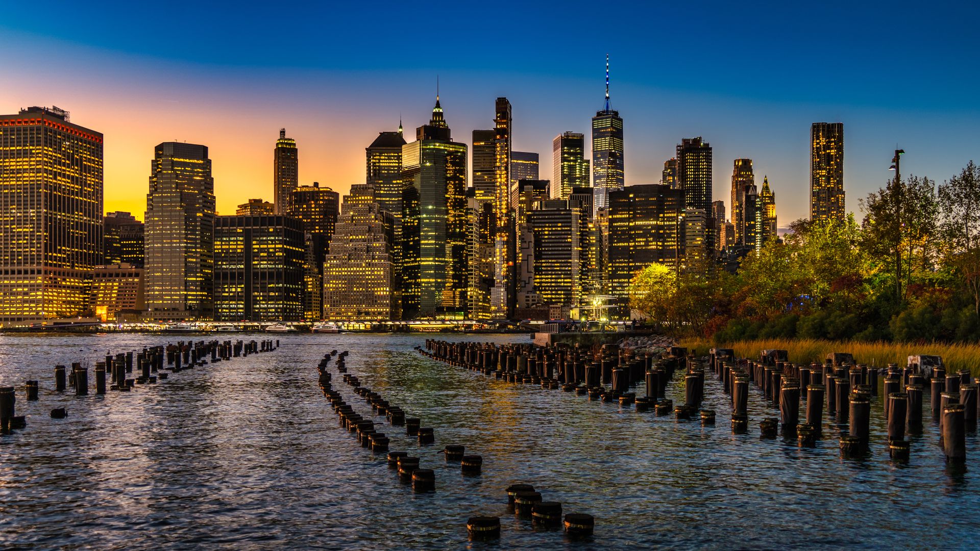 Vue du quartier financier de Manhattan au crépuscule