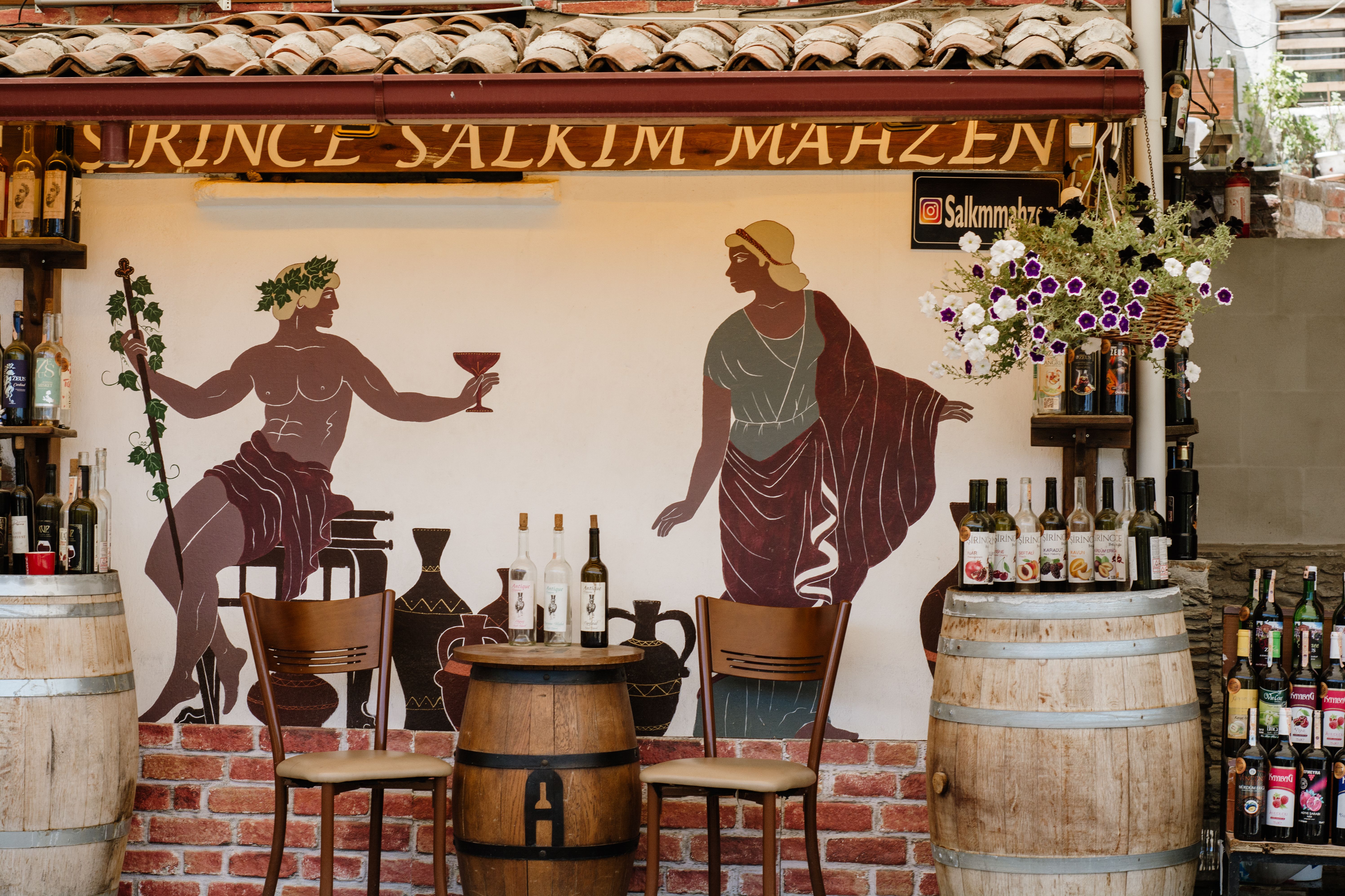 Interior of a specialized wine shop in Tbilisi, Georgia, with bottles of Saperavi wine