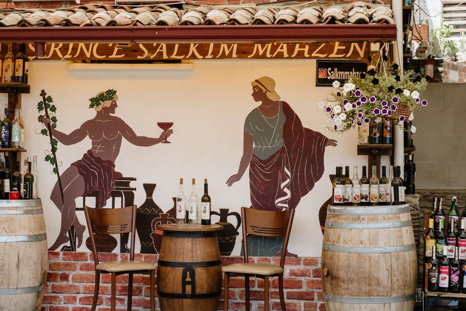 Interior of a specialized wine shop in Tbilisi, Georgia, with bottles of Saperavi wine