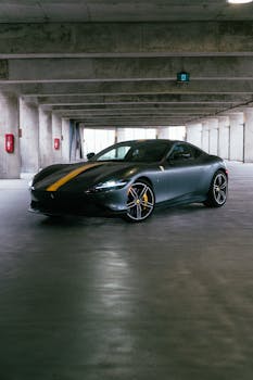 A stylish grey sports car with yellow accents parked in an urban garage, exuding luxury and elegance.