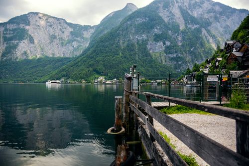 Hallstatt Lake with Alpine mountains and village houses