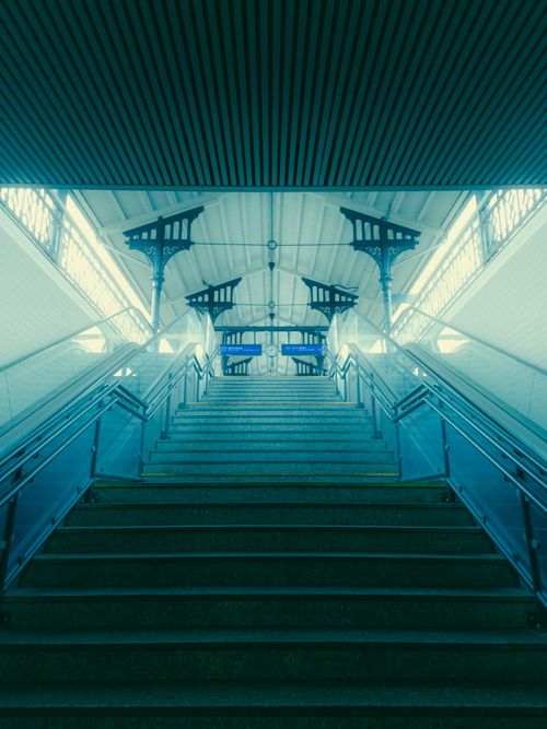 Free Low angle view of a modern staircase in Gdańsk with abstract architectural elements. Stock Photo