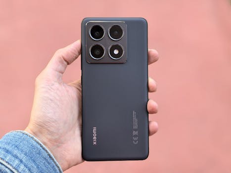 Close-up of a modern smartphone with a triple-lens camera held by a person.