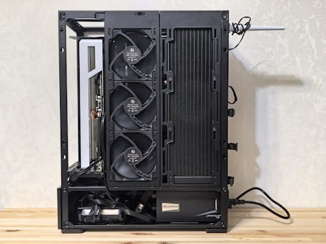 High-resolution image of a custom-built desktop computer with visible cooling system.