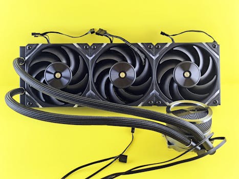 Triple-fan liquid cooling system on vibrant yellow background, ideal for gaming setups.