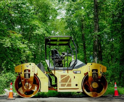 A yellow construction roller parked in a lush green forest surrounded by trees and traffic cones.