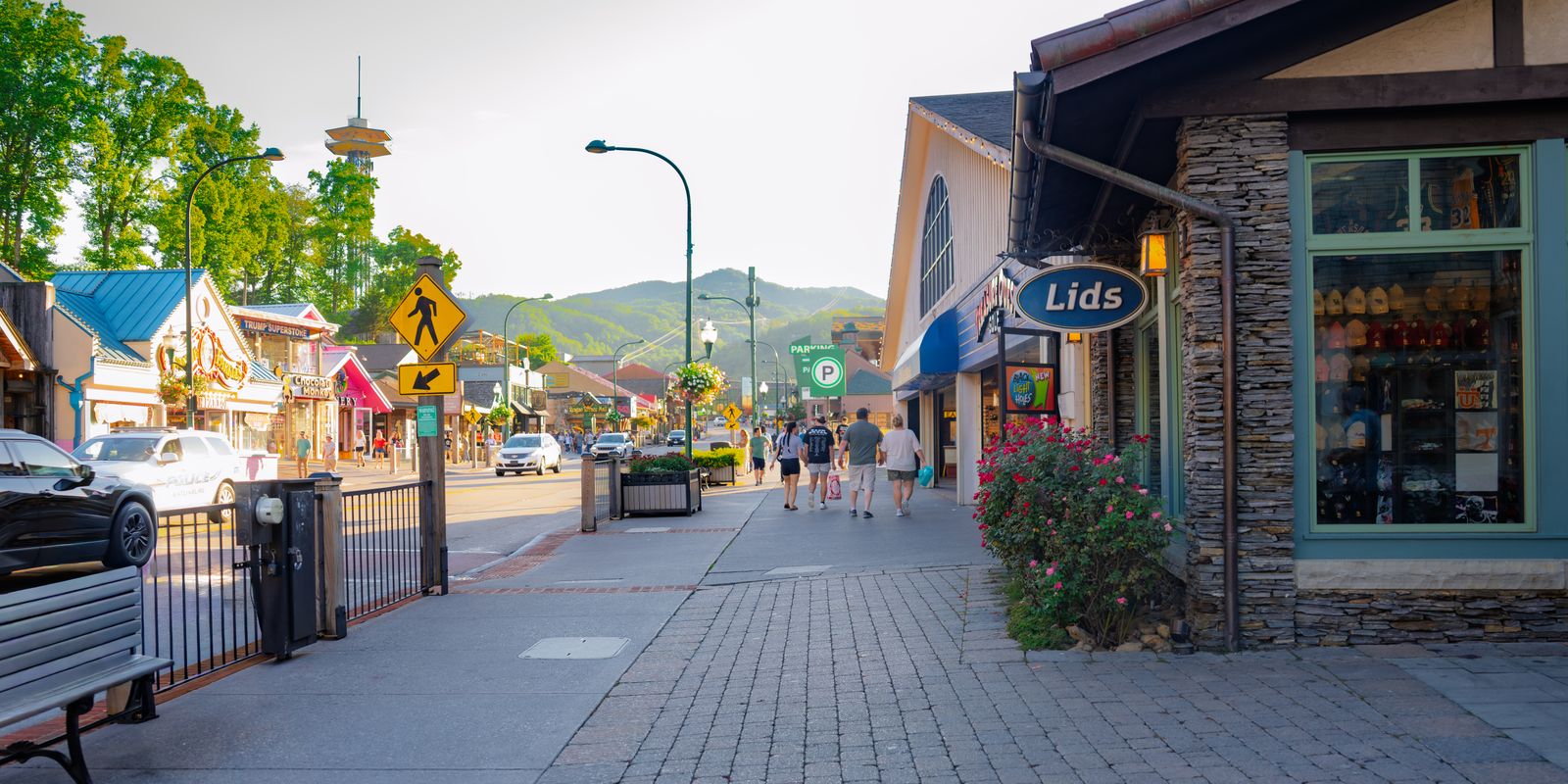 A quaint small-town street with shops and mountains in the distance