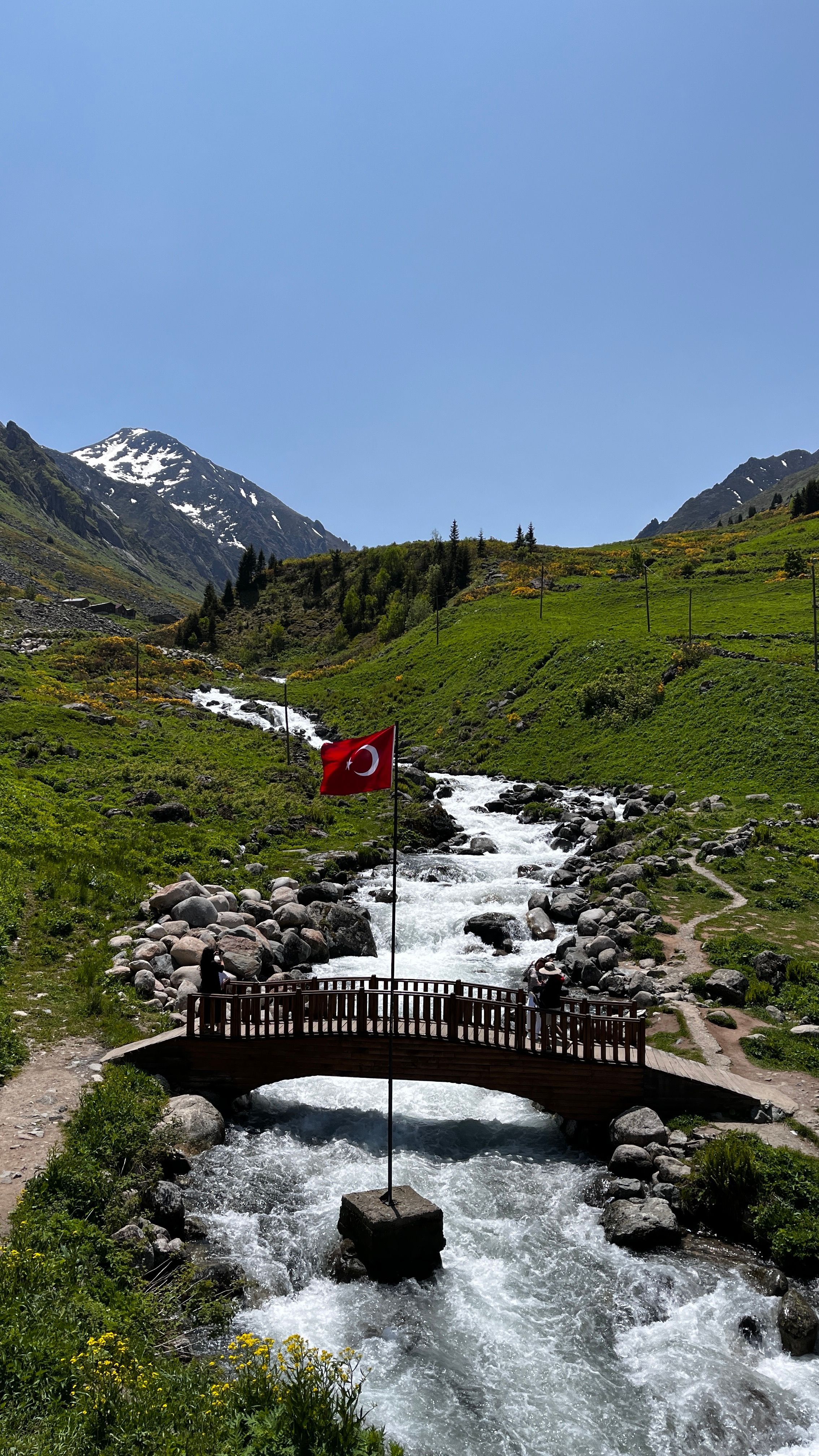 Peaceful mountain landscape with a bridge and Turkish flag in clear daylight.