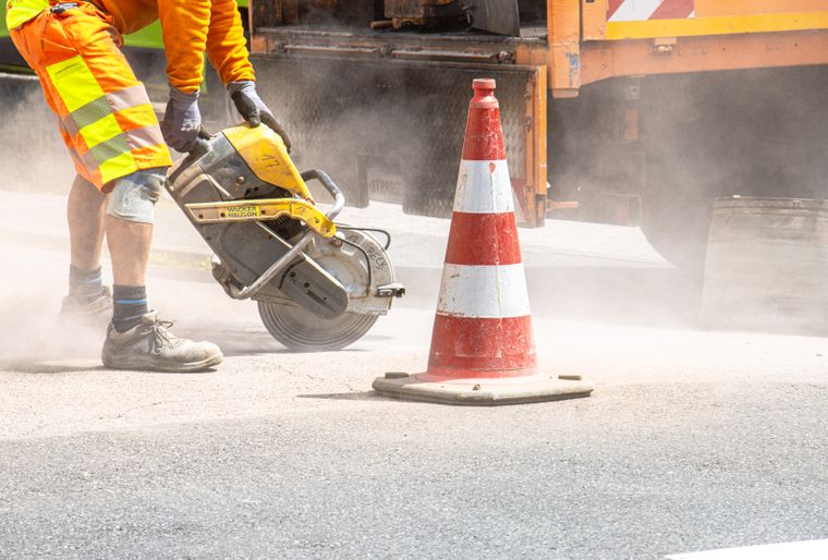 Concrete being cut on a construction site
