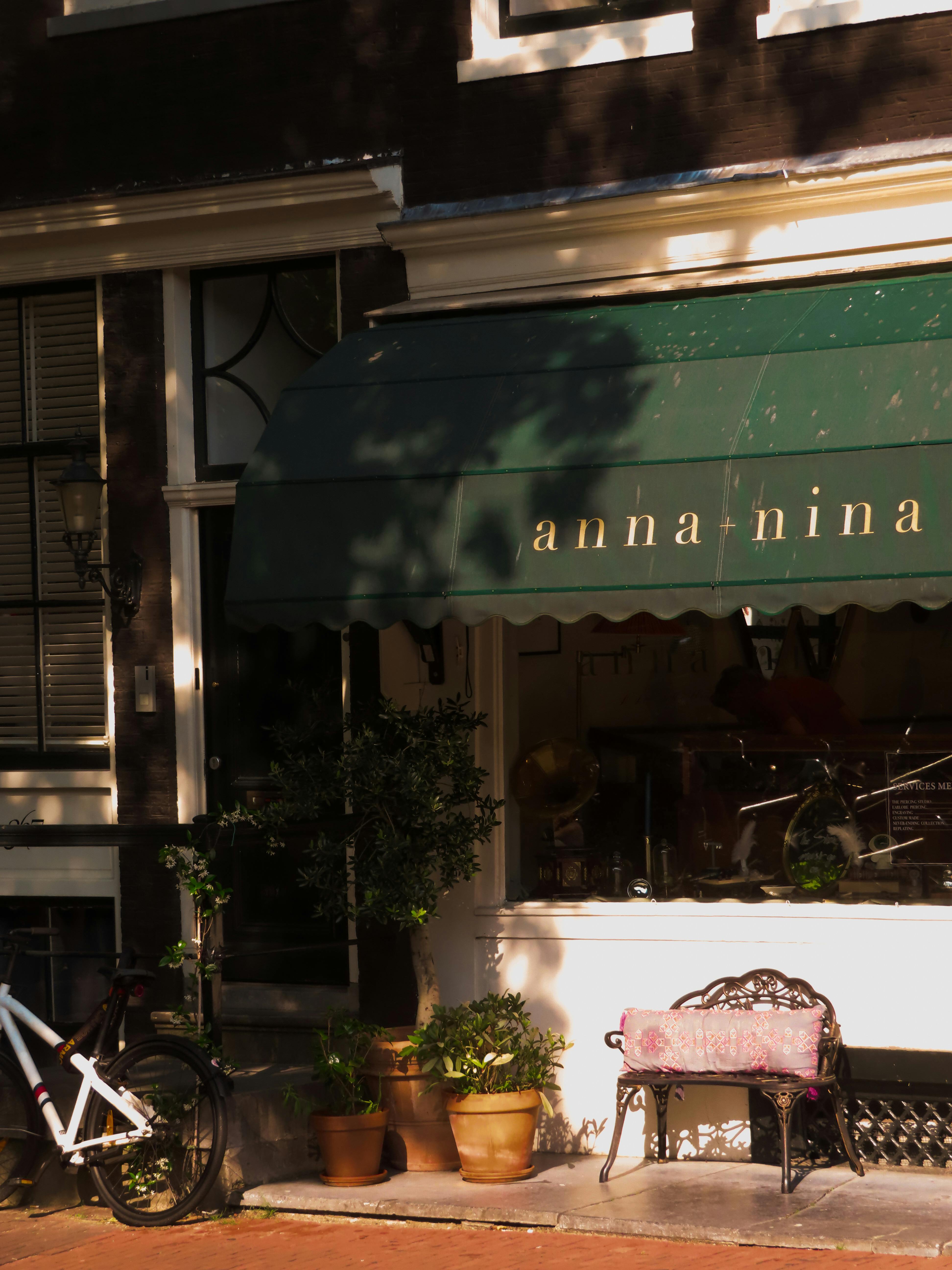 A cozy Amsterdam shop entrance with a green awning, bathed in warm evening sunlight.
