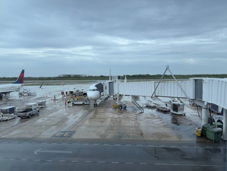 Commercial airplanes at a rainy airport terminal with jet bridge and ground crew.