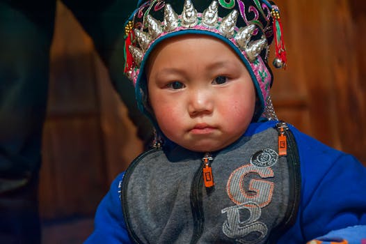 Close-up of a child wearing colorful traditional ethnic clothing in Guilin, Guangxi, enhancing cultural awareness.
