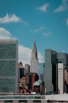 Stunning view of New York City's skyline with the Chrysler Building and modern architecture under a clear blue sky.