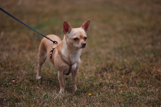 A beige chihuahua on a leash standing outdoors in a grassy field.