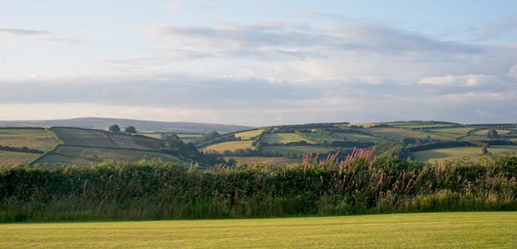 Beautiful view of rolling hills in Winsford, England during golden hour, showcasing lush greenery.