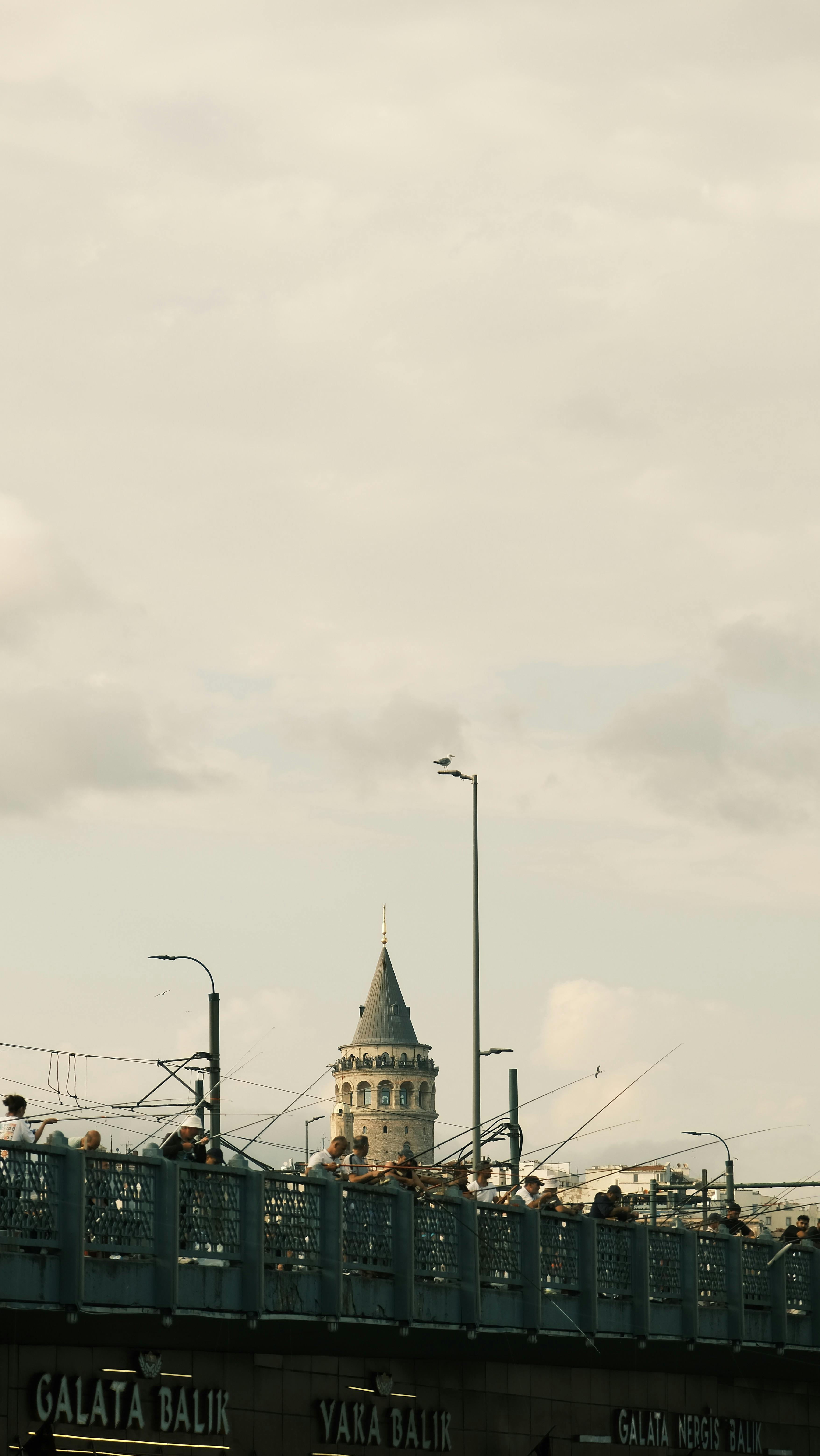 gratis De iconische Galatatoren, gezien vanaf de Galatabrug in Istanbul, met mensen en een stadsgezicht. Stockfoto