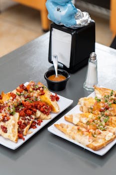 Close-up of two plates of Mexican chorizo and cheese quesadillas on a table, perfect for food enthusiasts.