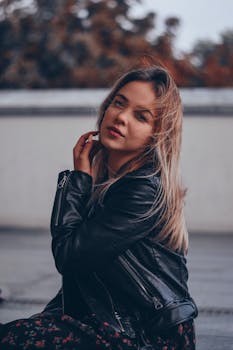 一个穿着黑色皮夹克的女人坐在户外，她的肖像中头发被风吹动