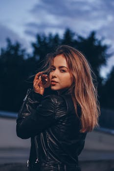 黄昏时分，一位时尚的年轻女子身着黑色皮夹克在户外摆姿势，散发出自信