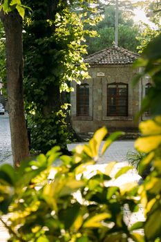 A quaint stone building surrounded by vibrant greenery under warm sunlight. — photo by Zeynep YILMAZ