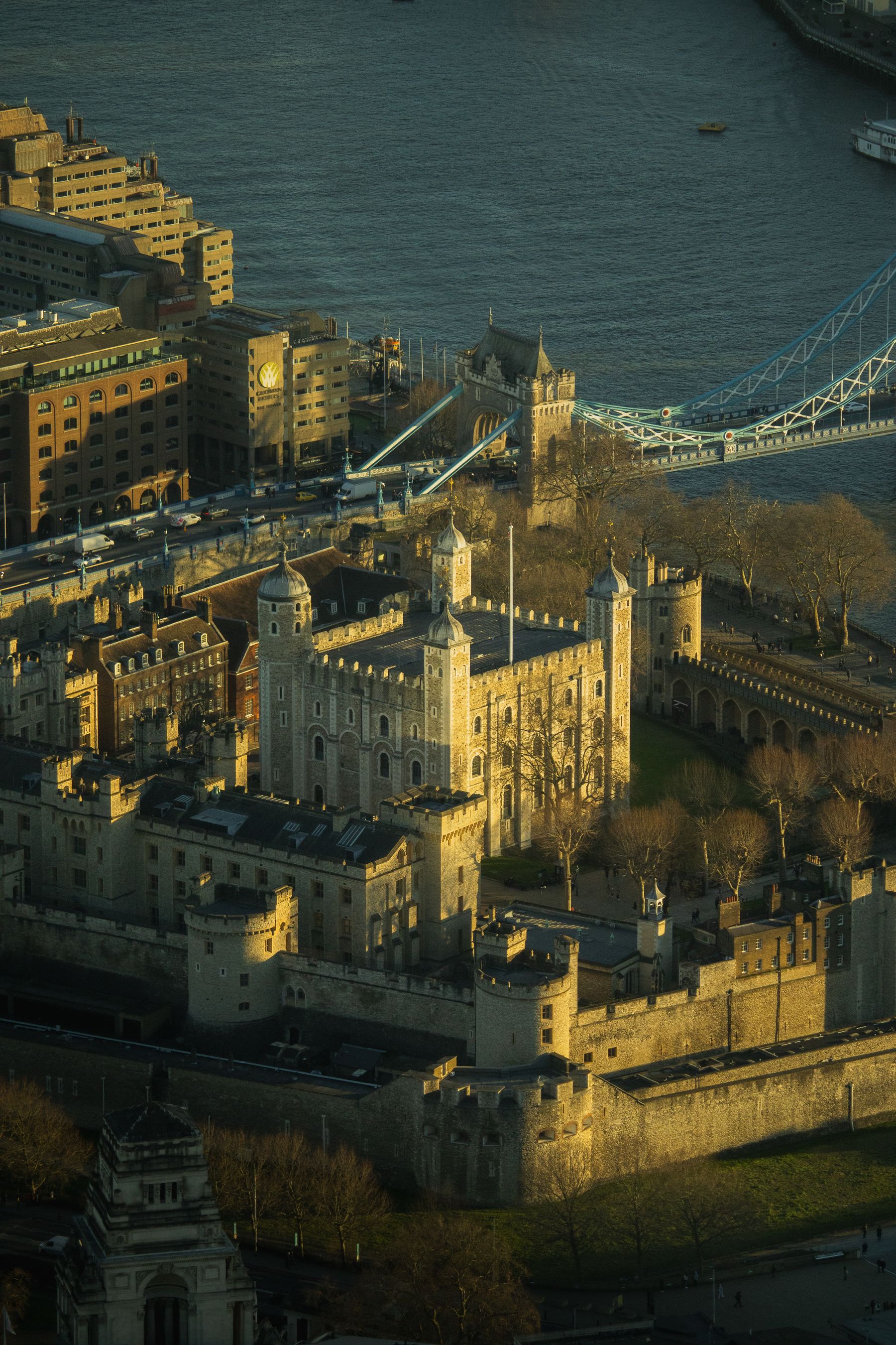Tower of London and Tower Bridge in golden light