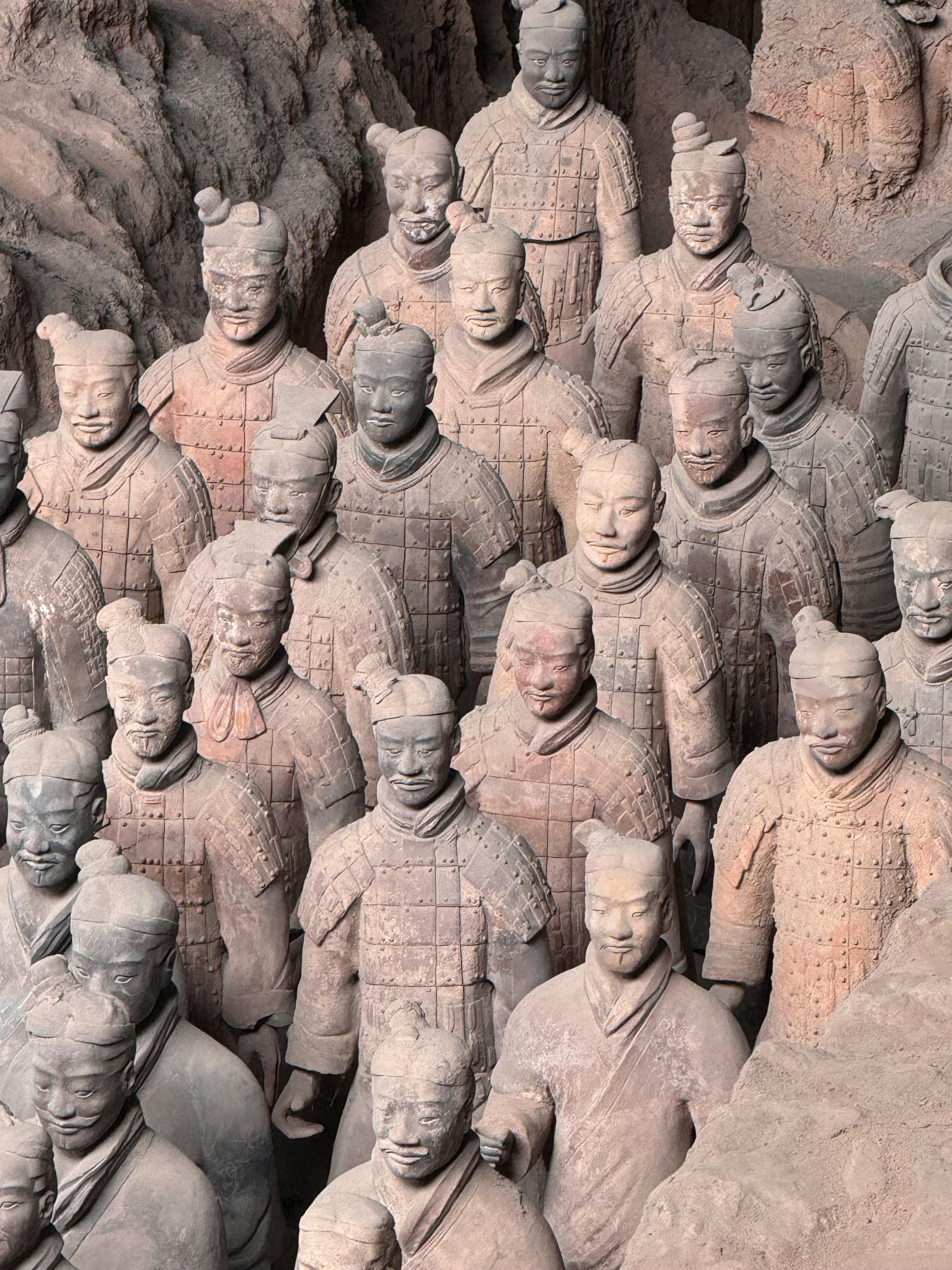 Detailed view of the Terracotta Warriors in Xi'an, depicting ancient Chinese history.