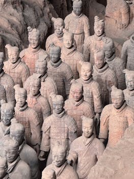 Detailed view of the Terracotta Warriors in Xi'an, depicting ancient Chinese history.