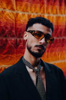 Stylish man wearing sunglasses and tie poses in front of a vibrant orange and red wall.