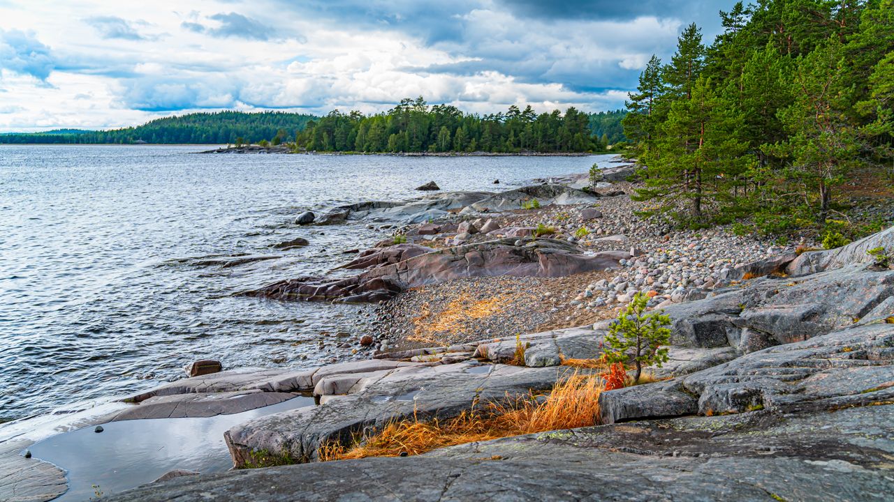 beautiful rocky shoreline with serene water at ladozhskoye ozero under